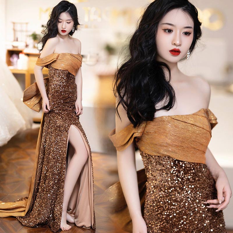 优雅抹胸长裙亮片晚礼服厂家直销