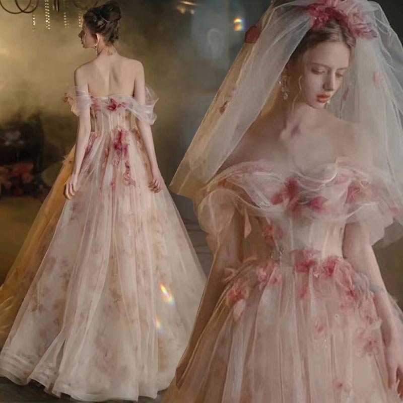 宴会晚礼服2025新款粉色花朵新娘结婚订婚敬酒服婚纱演出服主持人