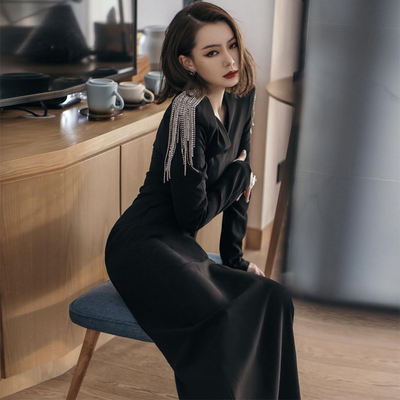 端庄大气v领长裙长袖晚礼服裙