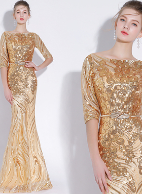 宴会晚礼服女2025新款高贵优雅晚装礼服裙亮片金色高贵优雅连衣裙