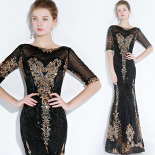 黑色晚礼服女鱼尾宴会晚装长款端庄大气主持人礼服裙显瘦演出礼服