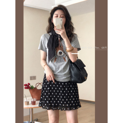 毛丽小四郎【自带丝巾】卡通小狗印花短袖T恤女夏百搭减龄甜美