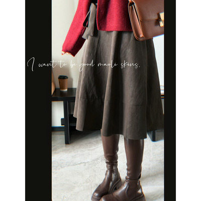 毛丽小四郎【美式复古】宫廷麂皮绒半身裙女中长款A字裙秋冬高腰