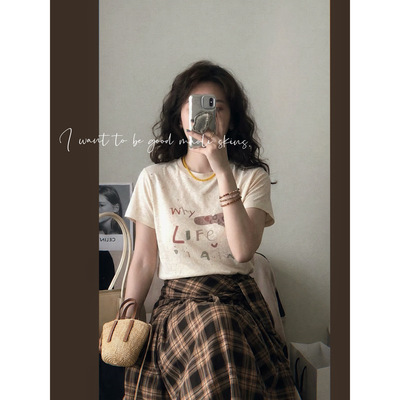 毛丽小四郎 韩系简约百搭字母彩点印花短袖T恤女圆领正肩休闲T恤