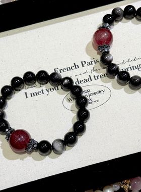 新品原创天然顶珠银耀石黑曜石单圈手链男女手串礼物饰品