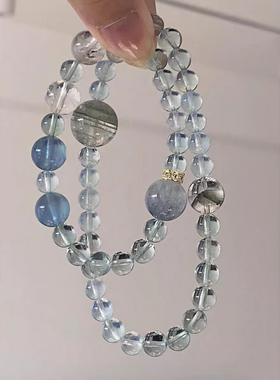 天然海蓝宝手链搭配绿阿塞绿幽灵蓝兔毛双圈女款手串百搭