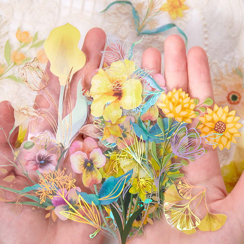 40枚入 拾光烫金贴纸包 霓虹玫瑰创意植物花卉基础手帐装饰拼贴画