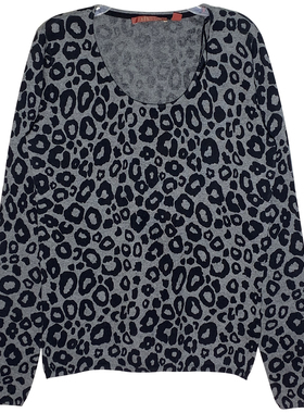 ESPRIT埃斯普利特女纯棉薄款长袖针织衫灰色豹纹圆领宽松通勤上衣