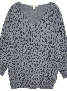 ESPRIT埃斯普利特纯棉薄款七分袖针织衫灰色豹纹V领宽松通勤上衣