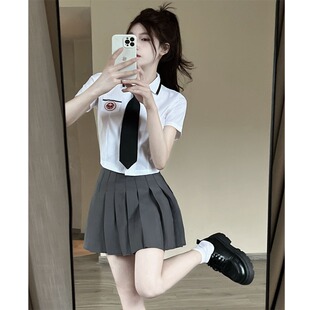 jk制服套装女夏季学院风修身白色短袖收腰短款衬衫百褶裙两件套装