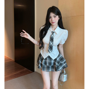 学院风jk制服短袖衬衫女夏季纯欲甜辣妹显瘦短款上衣格子裙两件套