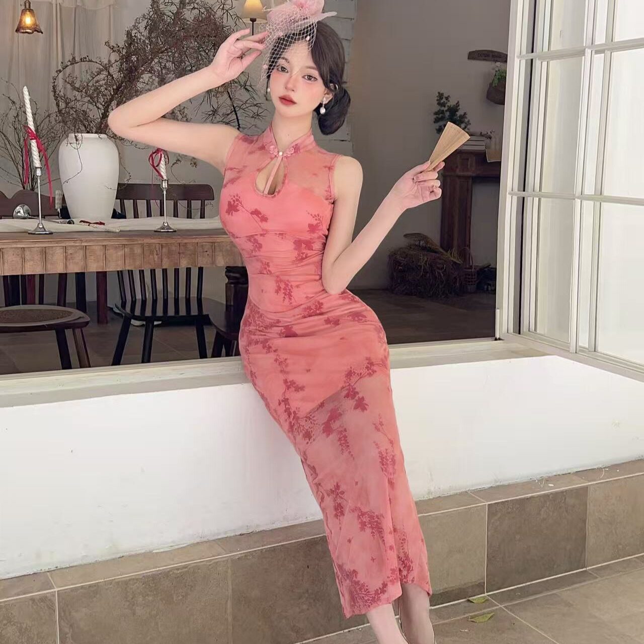 新中式改良旗袍长款紧身显瘦修身百搭蕾丝开叉包臀连衣裙