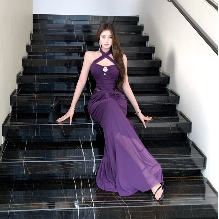 夏季优雅紫色挂脖抹胸高腰连衣裙女收腰显瘦网纱长裙无袖气质礼服
