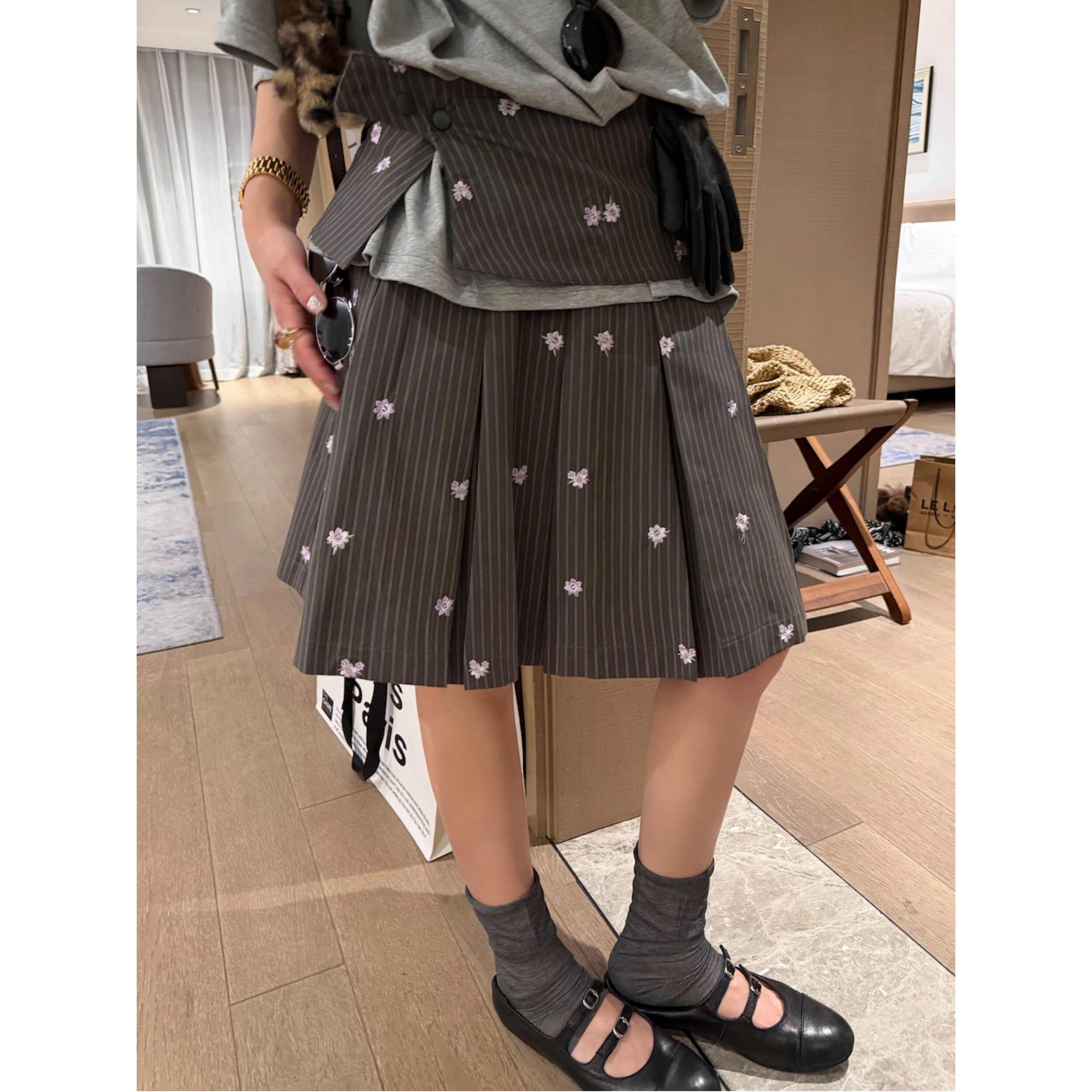 FILLE｜腰封百褶中裙 miu系学院风韩系设计感刺绣条纹a字半身裙