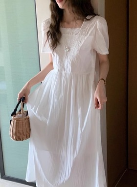 FILLE | 月光织梦 法式气质初恋重工刺绣蕾丝短袖白色连衣裙新款