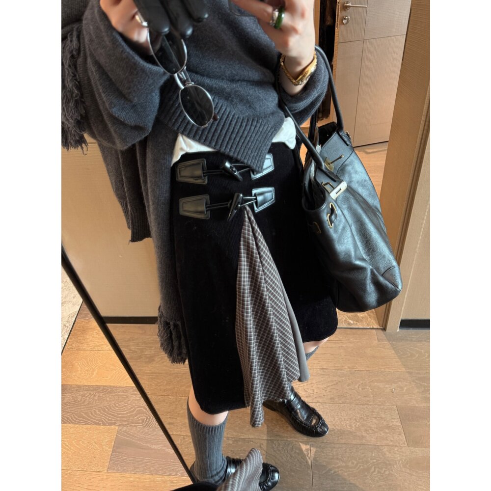 FILLE｜拼接灯芯绒中裙 设计感复古学院风美拉德撞色格纹半身裙