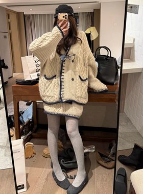 FILLE｜小翻领绞花开衫 复古重工小香风氛围慵懒撞色针织毛衣外套