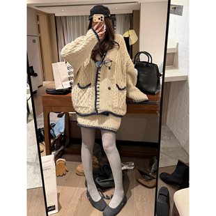 FILLE｜小翻领绞花开衫 复古重工小香风氛围慵懒撞色针织毛衣外套