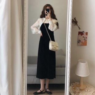 【现货】月色蔷薇。自制 复古气质丝绒娃娃领甜美假两件连衣裙女