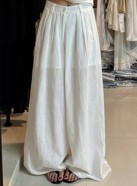 【现货】白色亚麻裤 休闲文艺老钱风禅意松弛感拖地阔腿长裤子女