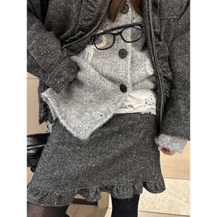 FILLE｜花边杂点中裙 高品质气质复古羊毛呢木耳荷叶边高腰半身裙