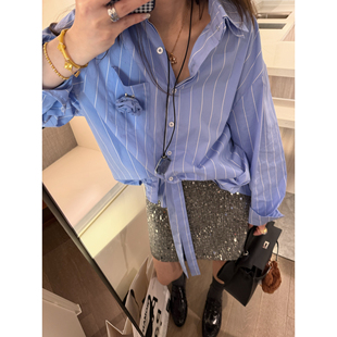 防晒外套2026春新款 FILLE 复古文艺氛围长袖 法式 双领条纹衬衫