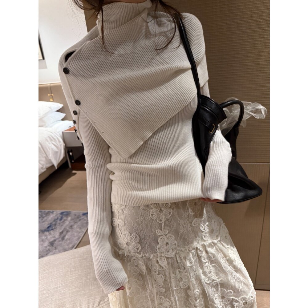 FILLE｜坎肩针织两件套 氛围叠穿竖坑条斗篷v领修身毛衣套装上衣