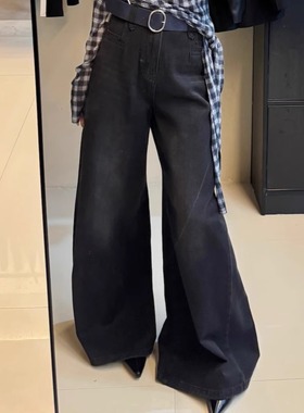 【现货】爆款黑色牛仔裤 气质休闲复古阔腿宽松拖地长裤子女新款