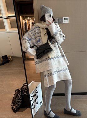 FILLE｜费尔岛毛衣短裙套装 氛围感重工复古提花针织慵懒两件套