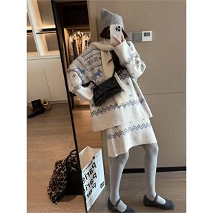 FILLE｜费尔岛毛衣短裙套装 氛围感重工复古提花针织慵懒两件套