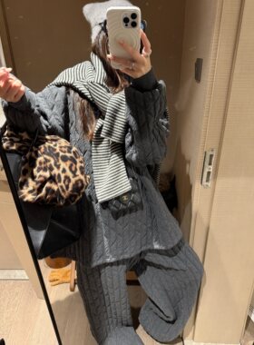 FILLE丨坑条绗棉卫衣 韩系复古慵懒风松弛感竖条纹保暖套头衫上衣