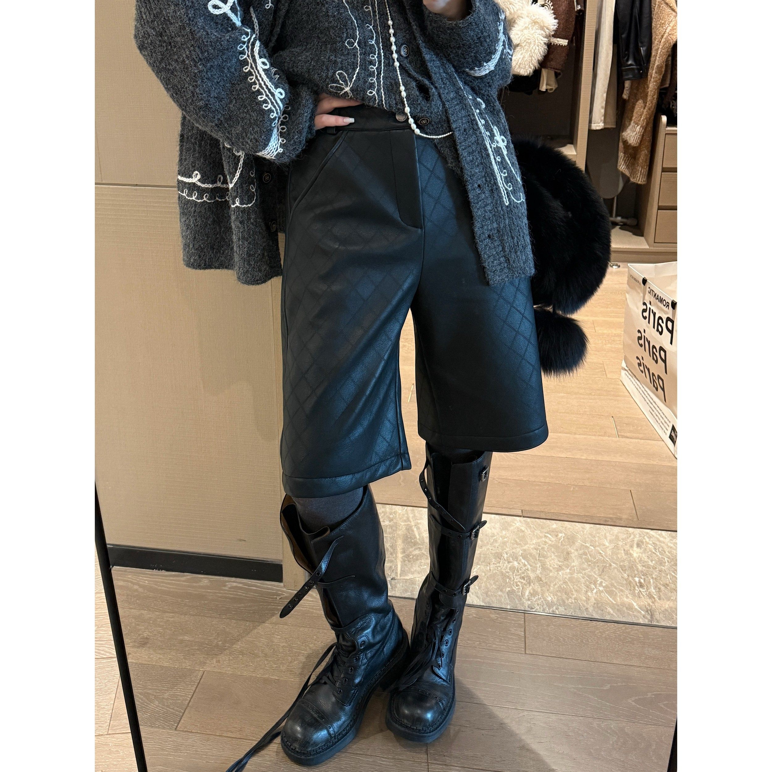 FILLE | 菱格皮中/长裤 复古气质氛围感pu显瘦加绒阔腿直筒裤子,女装/女士精品,皮裤,淘宝优惠券,粉丝福利购,淘宝优惠卷