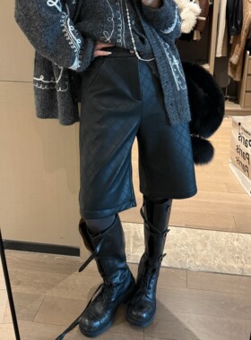 FILLE | 菱格皮中/长裤 复古气质氛围感pu显瘦加绒阔腿直筒裤子