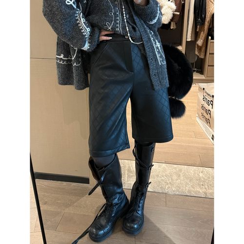 FILLE菱格PU加绒显瘦阔腿皮裤