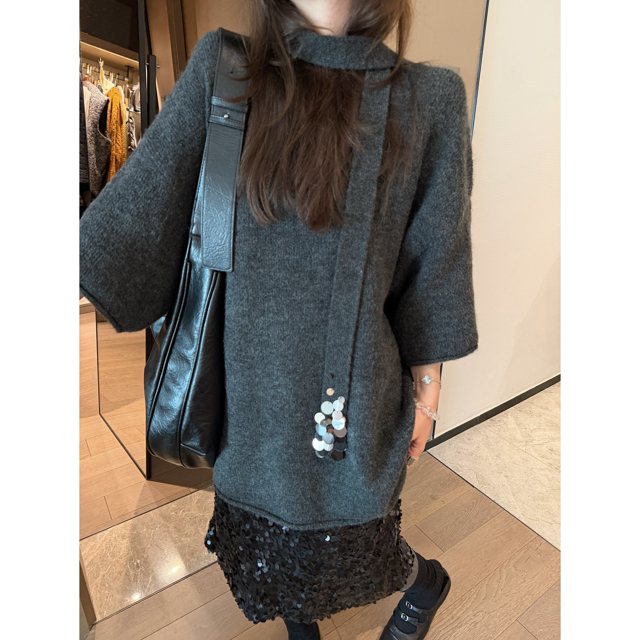 FILLE飘带短袖毛衣慵懒显瘦