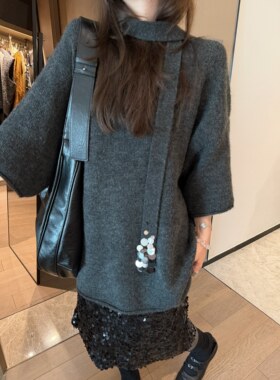 FILLE｜飘带短袖毛衣 韩系复古氛围松弛感慵懒显瘦亮片针织衫上衣