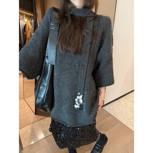 FILLE飘带短袖毛衣慵懒显瘦