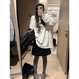 薄绒叠穿T恤衫 休闲慵懒宽松百搭印花长袖 上衣 加绒爱心t FILLE