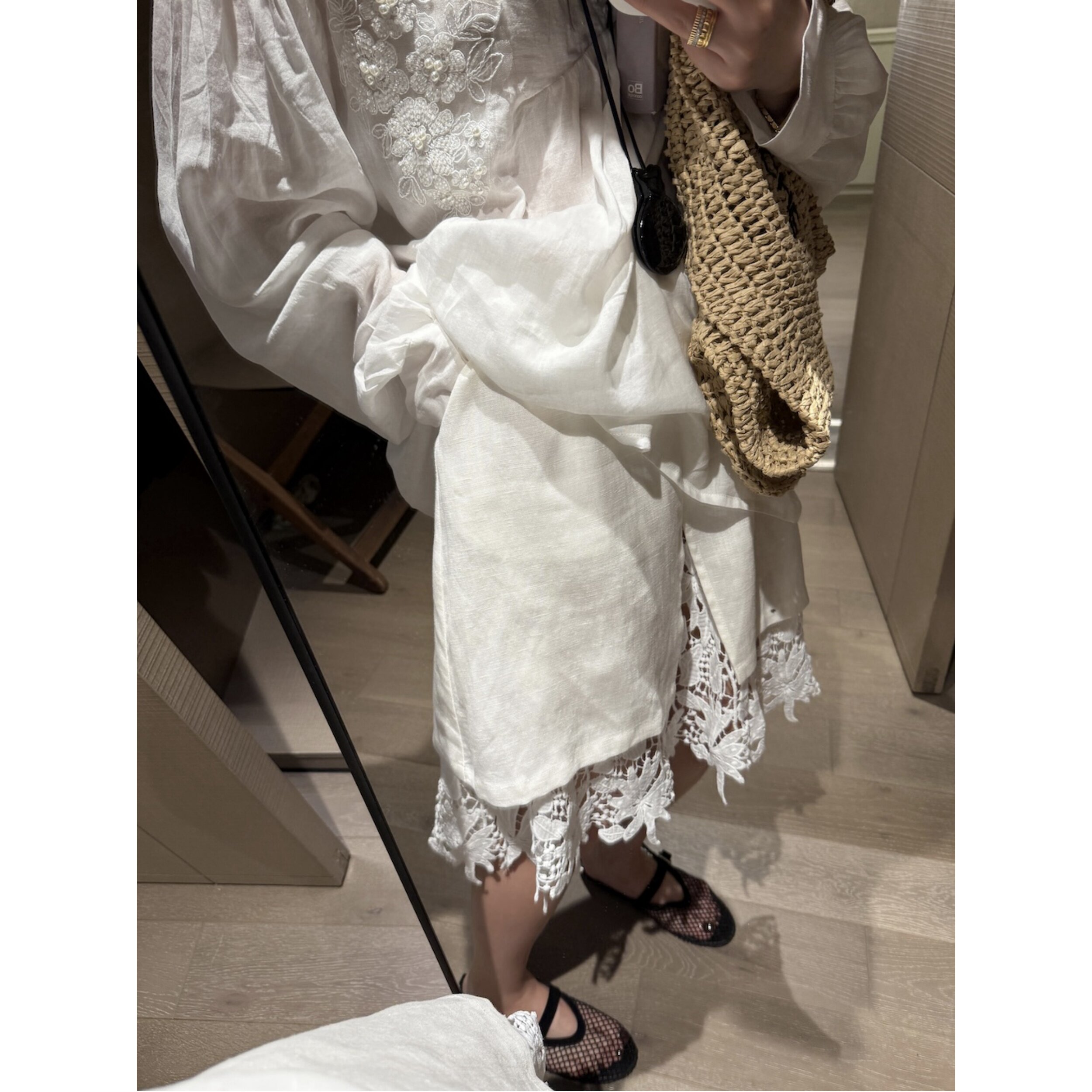 FILLE｜蕾丝亚麻中裙 度假风重工千金老钱氛围感开叉拼接半身裙