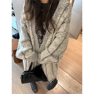 FILLE｜花纱长款 复古慵懒氛围感廓形v领加厚针织毛衣外套 大开衫