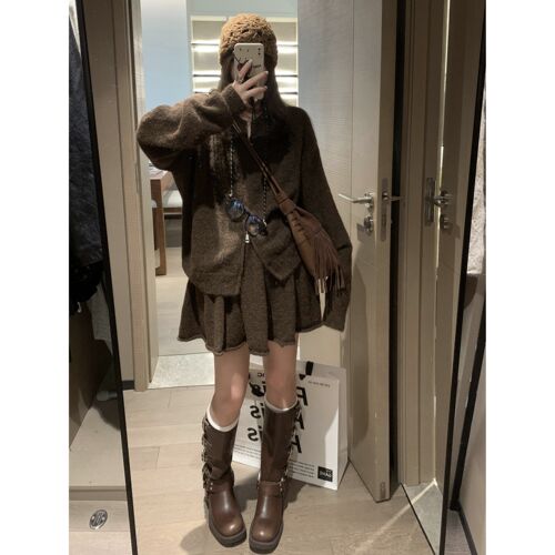 气质温柔韩系法式拉链上衣两件套