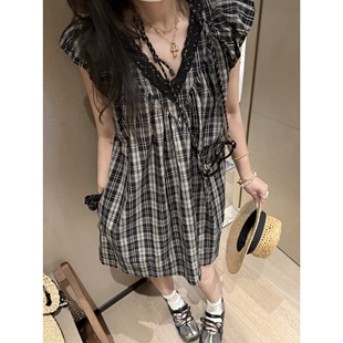 FILLE | v领格子娃娃裙 法式重工复古减龄小飞袖蕾丝短款连衣裙
