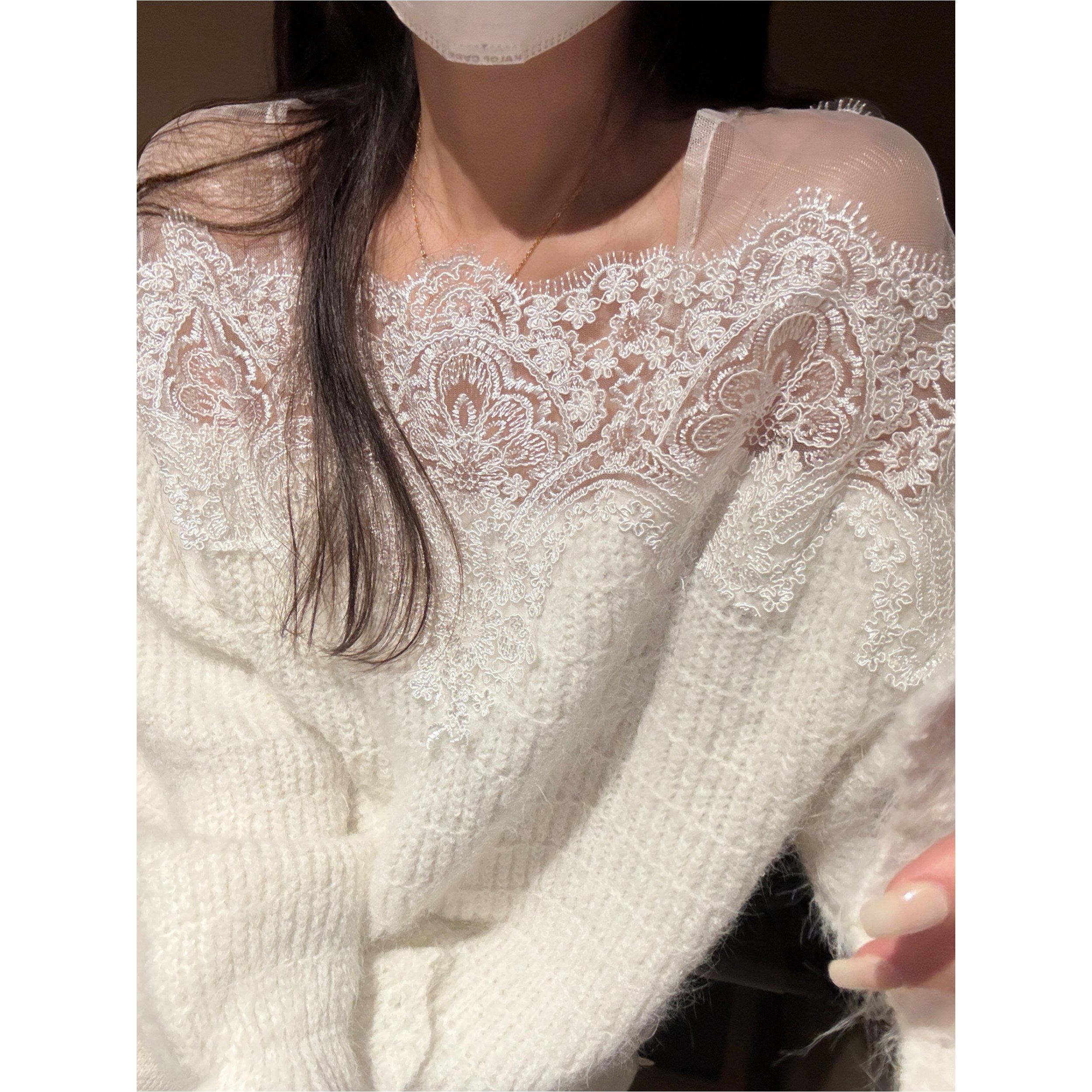 一字领蕾丝毛衣纯欲氛围感