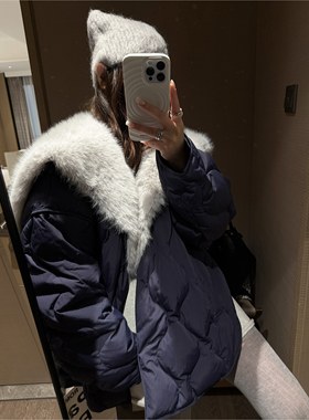 FILLE丨大翻领羽绒服 气质韩系90白鸭绒慵懒菱格保暖茧型开叉外套