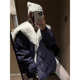 FILLE 气质韩系90白鸭绒慵懒菱格保暖茧型开叉外套 大翻领羽绒服