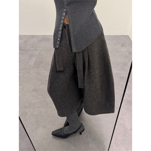 裤 气质复古通勤休闲百搭阔腿宽松系带西装 子女 羊毛中裤 FILLE