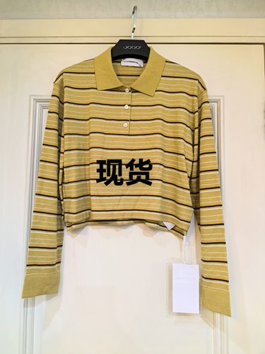 MADEINAM 羊绒混纺条纹_美式Polo领半开襟落肩宽松撞色针织短上衣