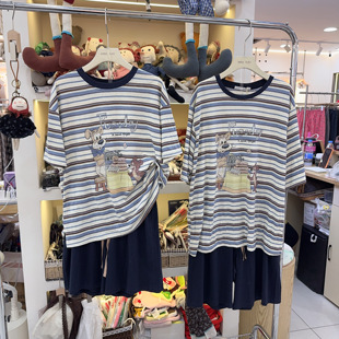 missjuju短袖短裤睡衣女夏季薄款学生时卡通印花条纹家居服套装男