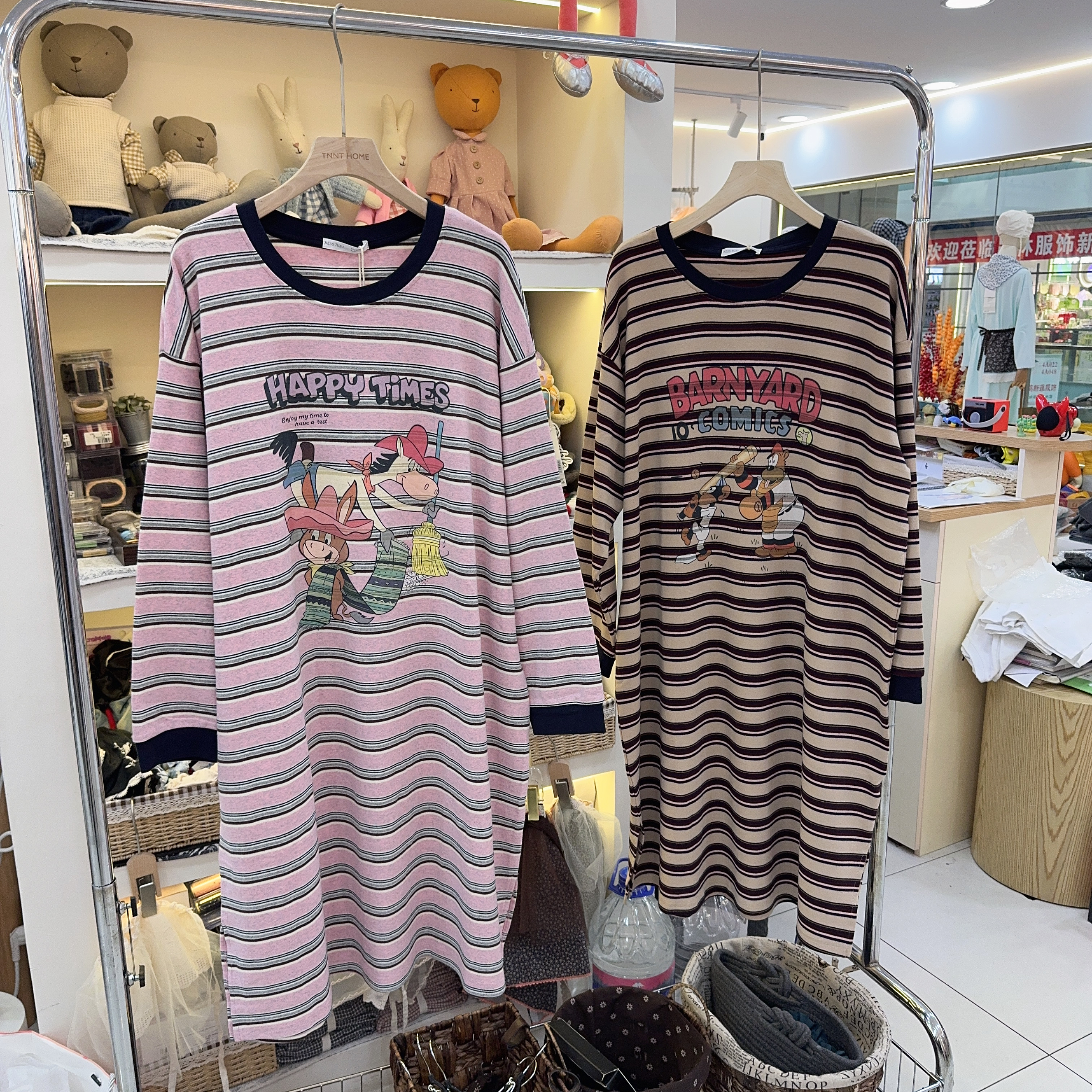 MISSJUJU纯棉睡裙女秋冬长袖加厚款卡通学生甜美条纹家居服连衣裙