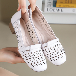 女鞋真皮镂空洞洞鞋女士夏季透气一脚蹬舒适不累脚单鞋真皮妈妈鞋